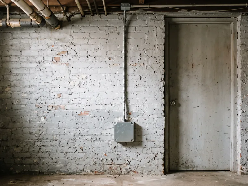 A closed electrical box and supported cable in a shared NYC basement service room.