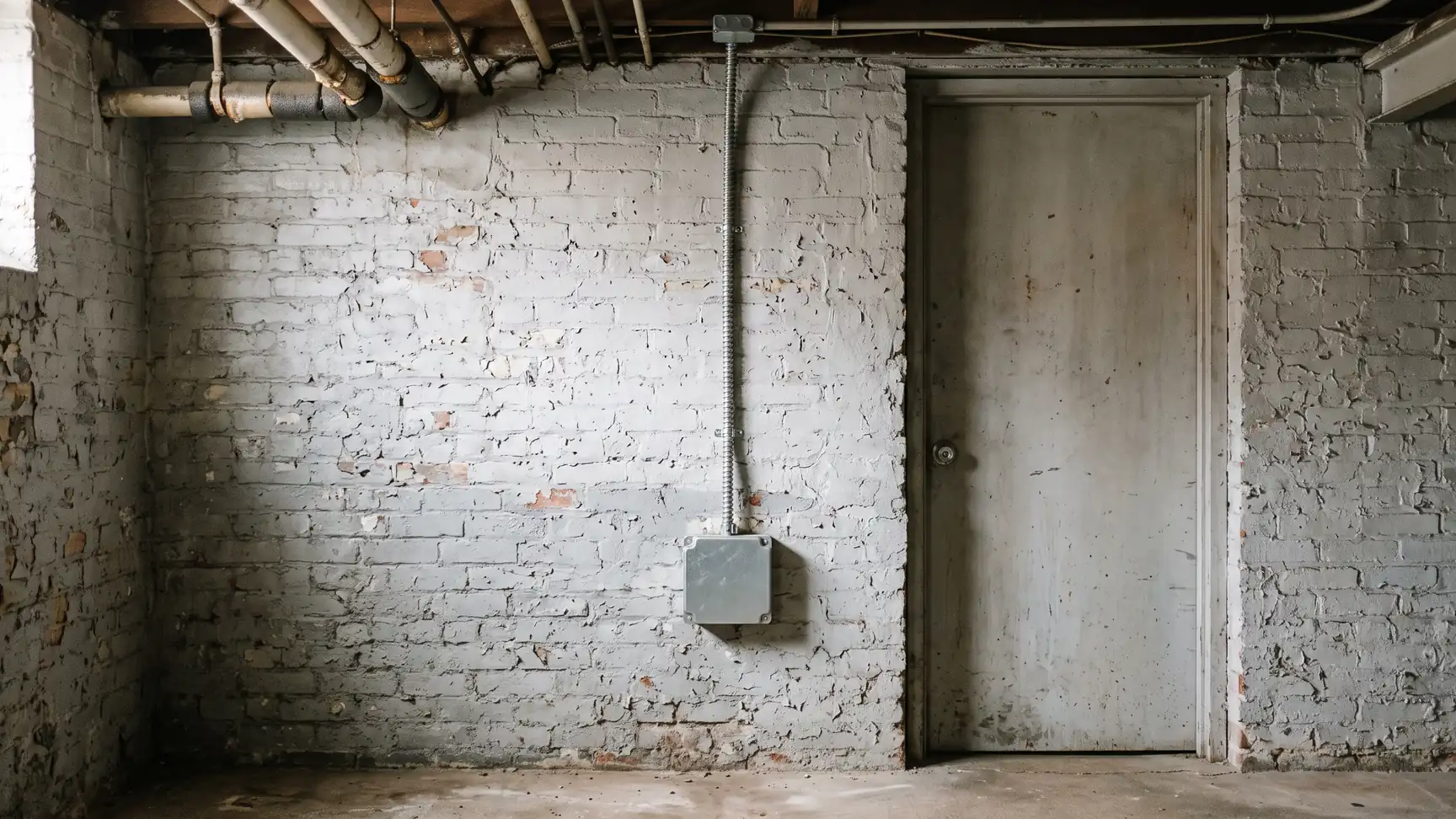 A closed electrical box and supported cable in a shared NYC basement service room.