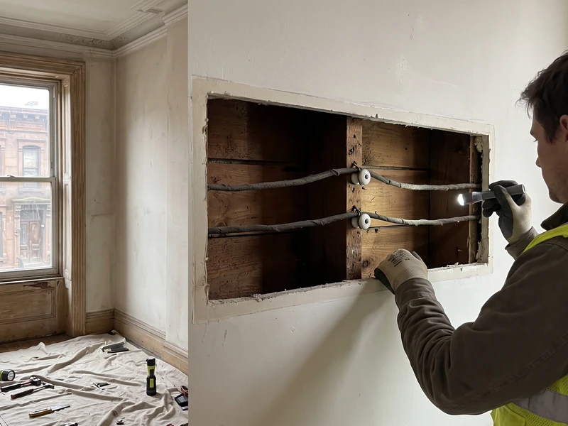 Cloth-covered wires exposed beside preserved doorway trim in an older NYC brownstone.