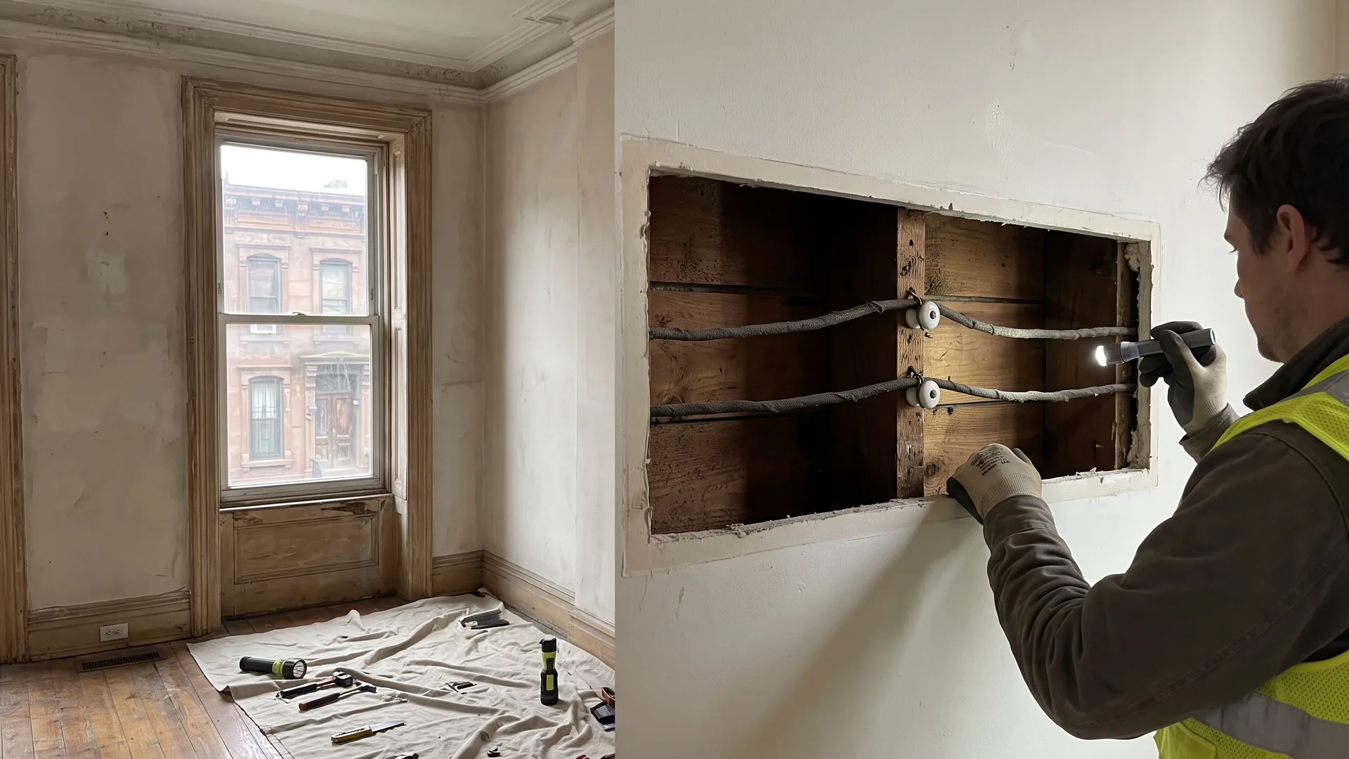 Separate cloth-covered wires in a plaster opening beside preserved trim in an NYC brownstone.