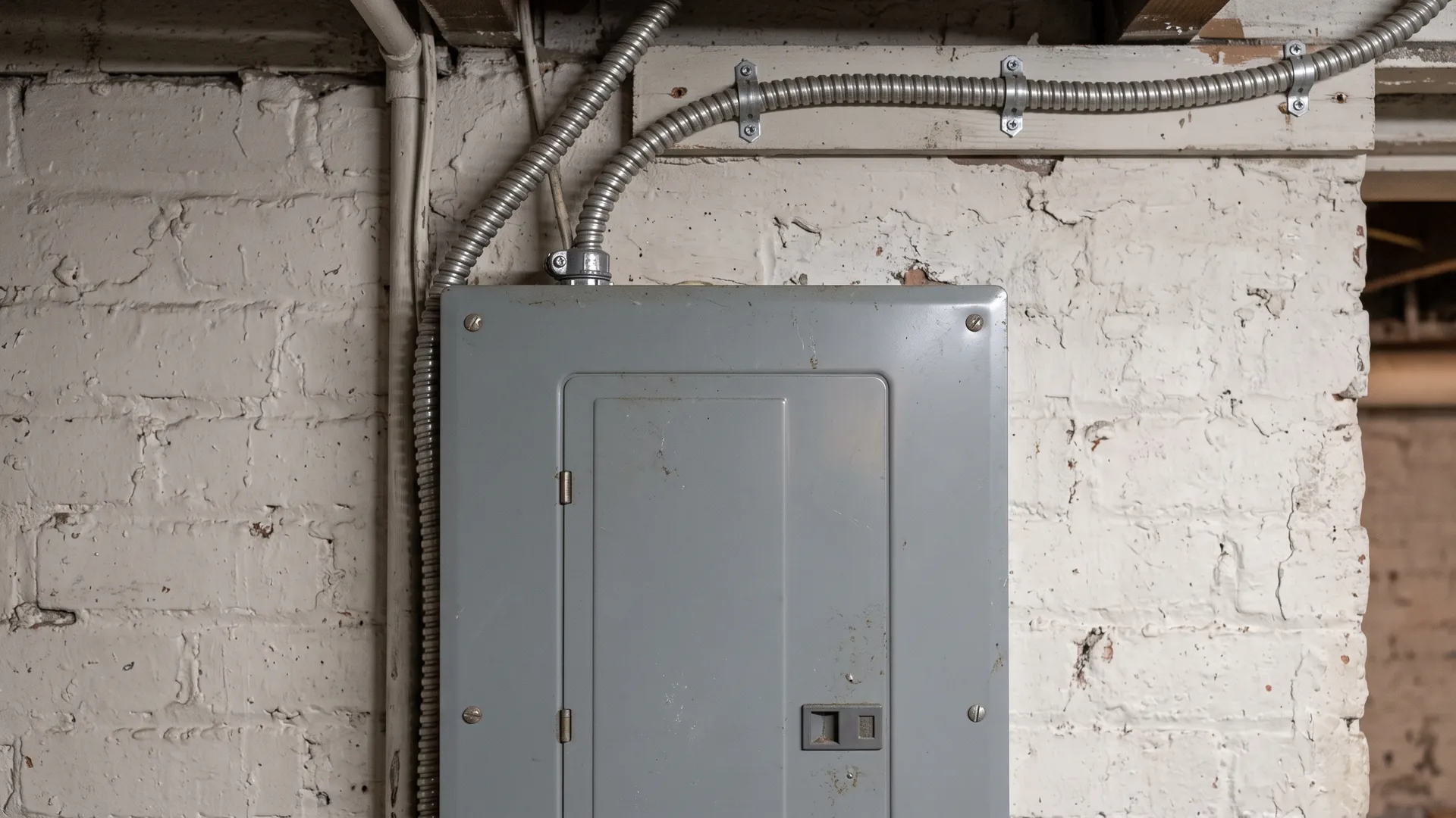 A closed electrical panel with an accessible metal-clad branch-circuit cable above it in NYC.