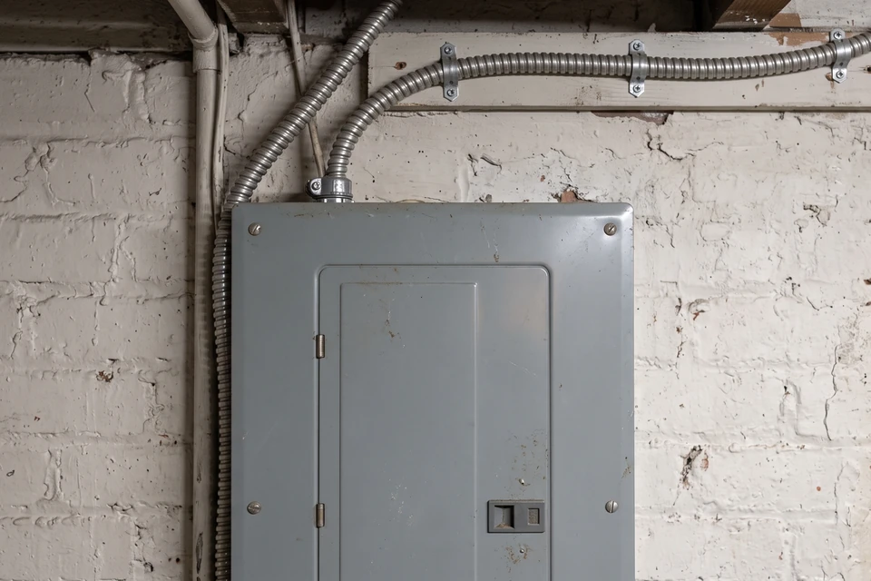 A closed electrical panel with an accessible metal-clad branch-circuit cable above it in NYC.