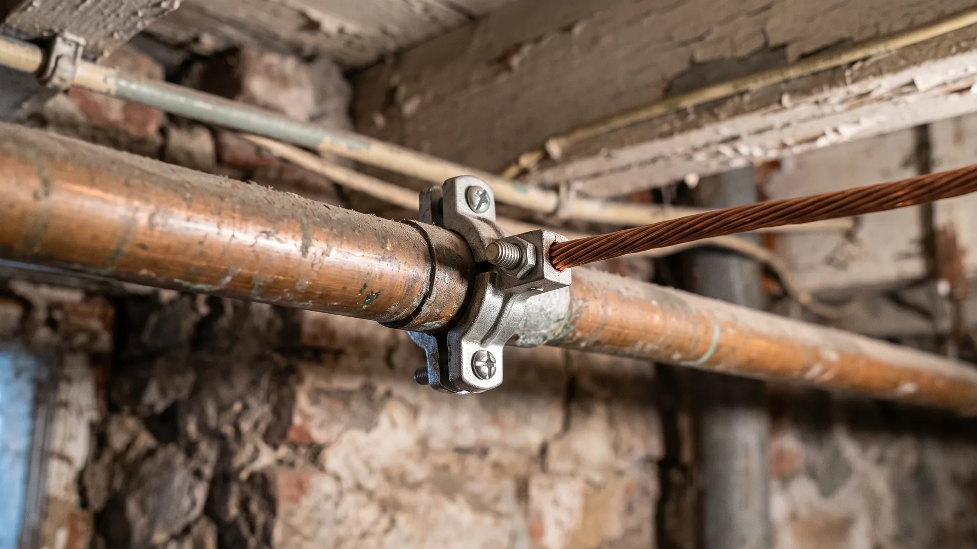 A copper bonding conductor secured to a metal water pipe with a clamp in an NYC building.