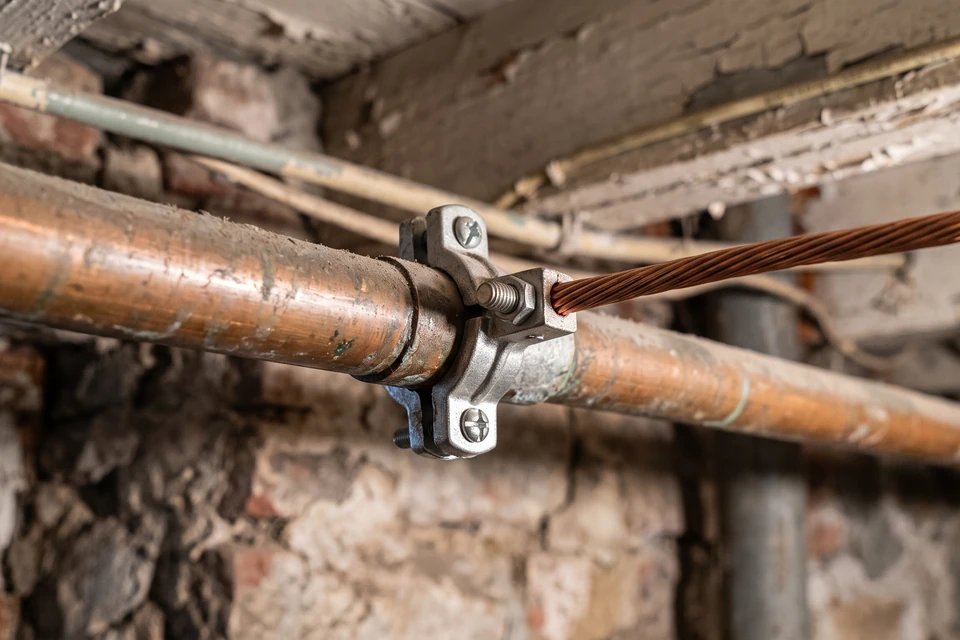 A copper bonding conductor secured to a metal water pipe with a clamp in an NYC building.