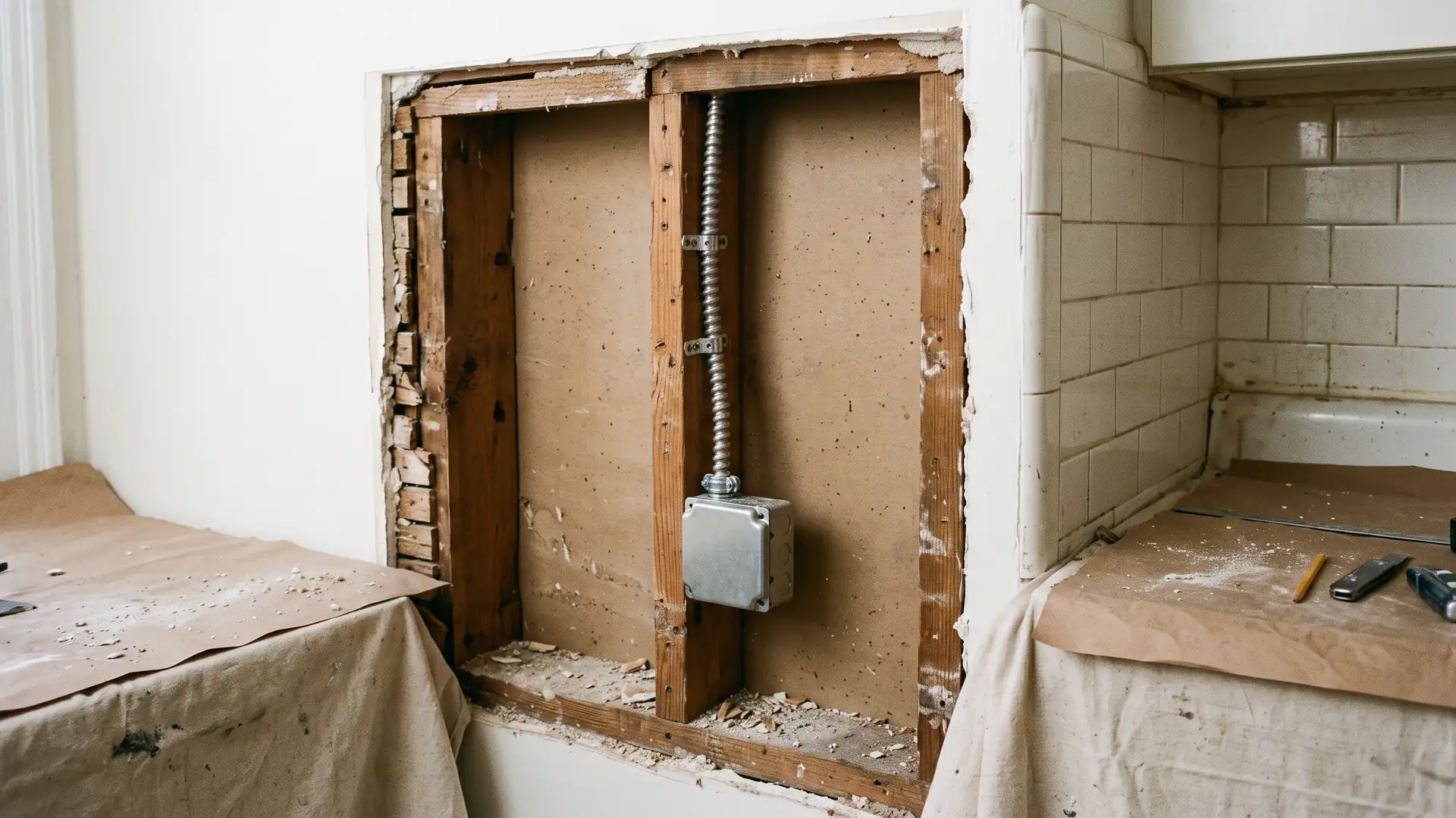 A supported metal-clad cable entering a closed outlet box in an NYC kitchen wall.