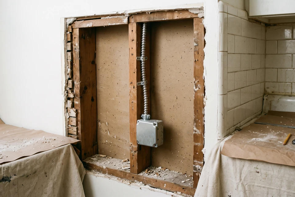 A supported metal-clad cable entering a closed outlet box in an NYC kitchen wall.