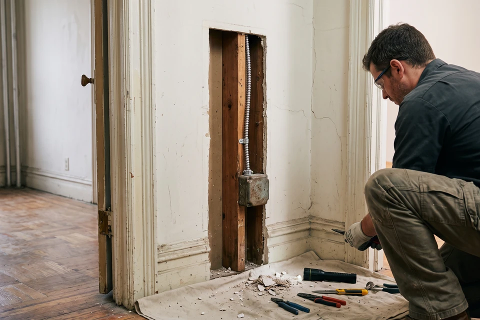 A cable and closed electrical box exposed beside an intact wall in an older NYC apartment.