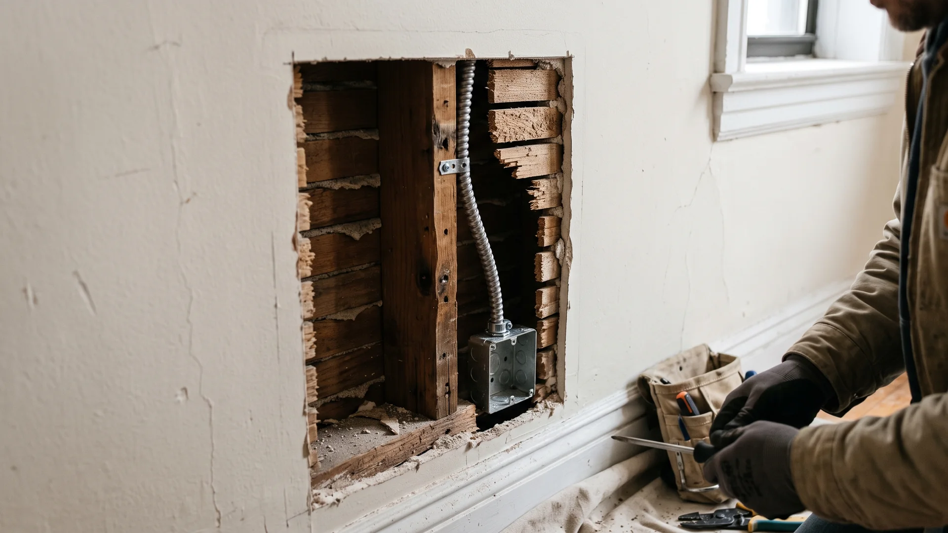 A cable entering an empty open metal box behind a limited plaster-and-lath opening in NYC.
