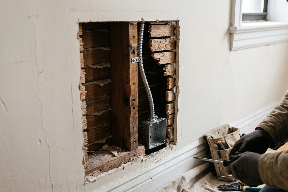 A cable entering an empty open metal box behind a limited plaster-and-lath opening in NYC.