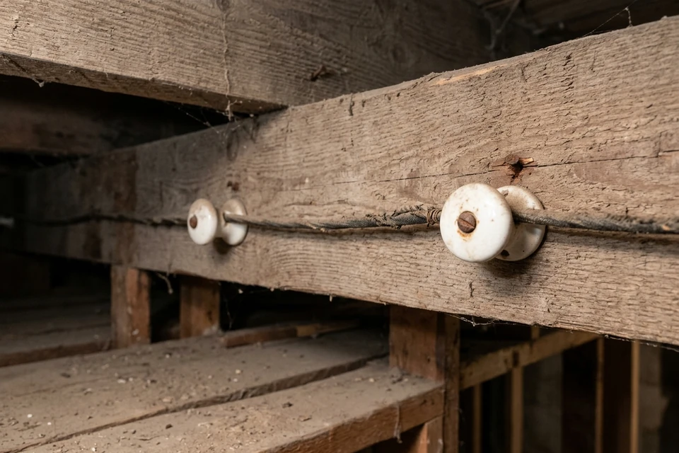 Porcelain knobs supporting a continuous cloth-covered wire in an older NYC building.