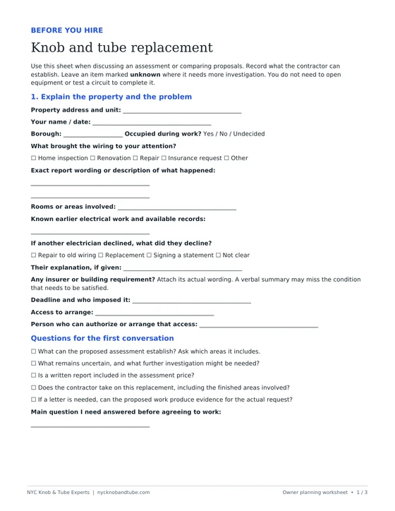 First page of the three-page pre-hire worksheet, with fields for the wiring finding and questions for the contractor.