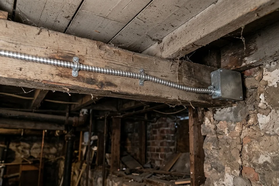 A supported modern branch-circuit cable along an older ceiling joist in NYC.