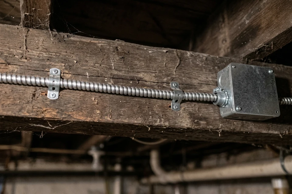 A supported metal-clad replacement cable entering a closed steel box in NYC.