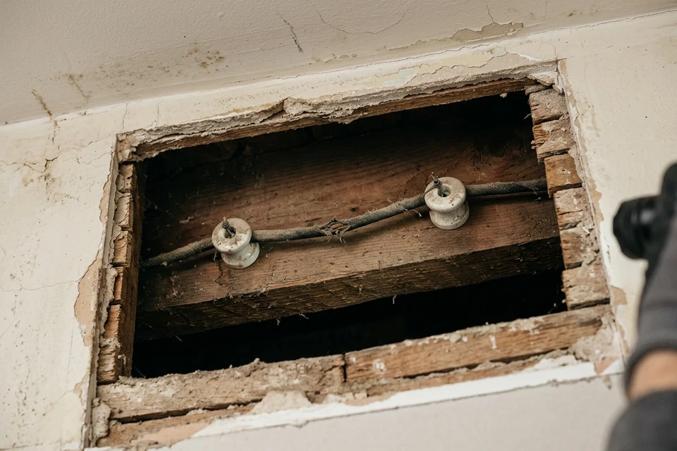 An old cloth-covered wire whose continuation is concealed by intact plaster in an NYC building.