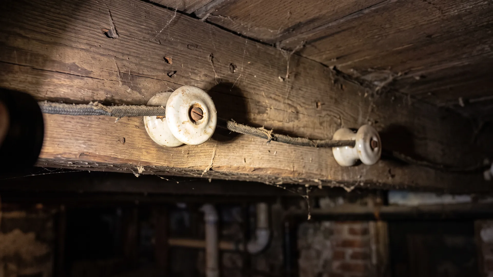 Visible cloth-covered wiring on porcelain knobs in an older NYC building.